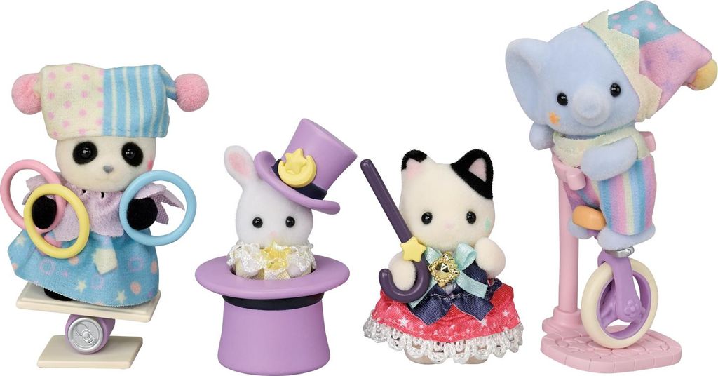 Four circus-themed animal figurines arranged on a white background.