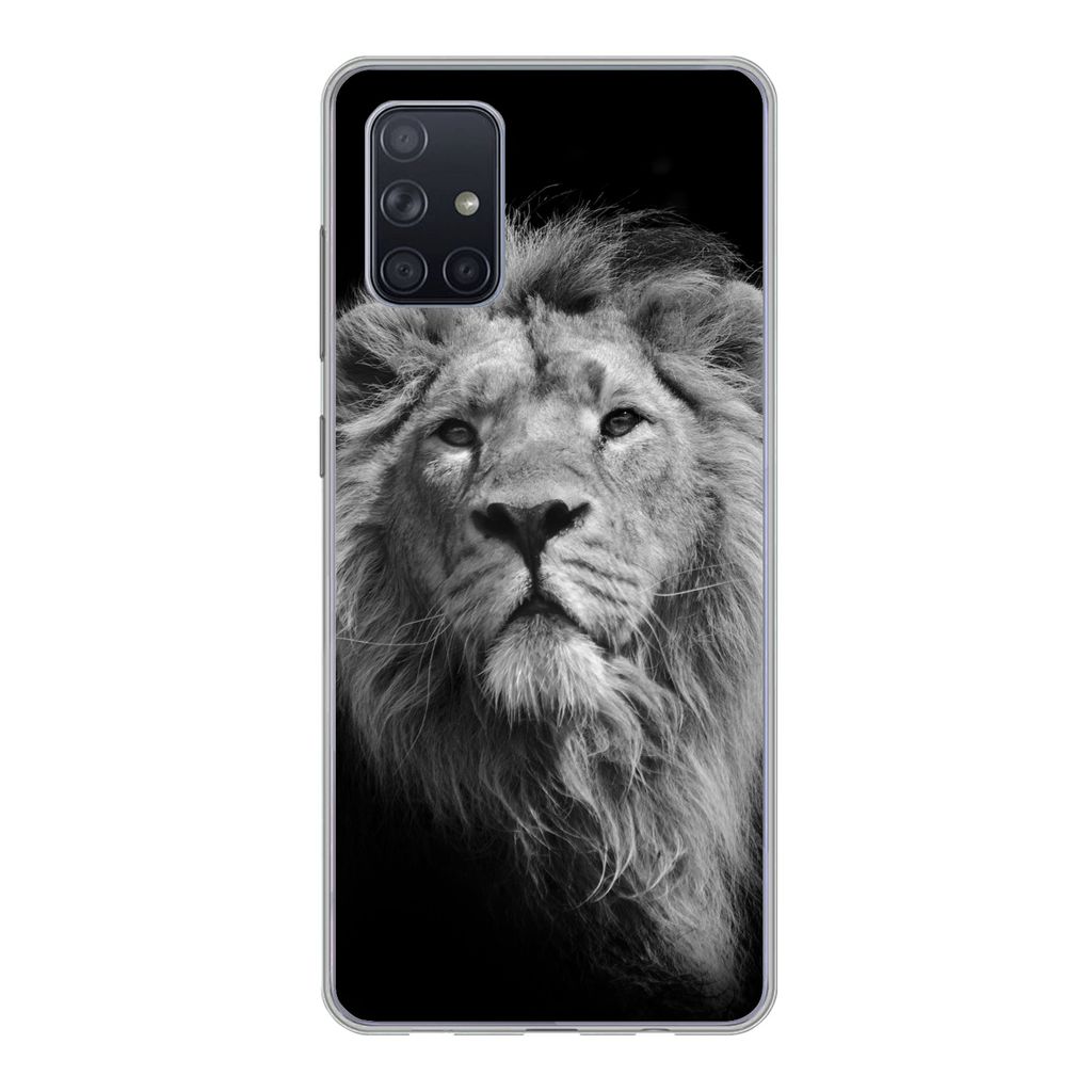 MuchoWow Handyhülle Schutzhülle Hülle für Samsung Galaxy A51 Löwe - Porträt - Schwarz - Weiß Silikon Softcase Handy Hülle - Schutzabdeckung
