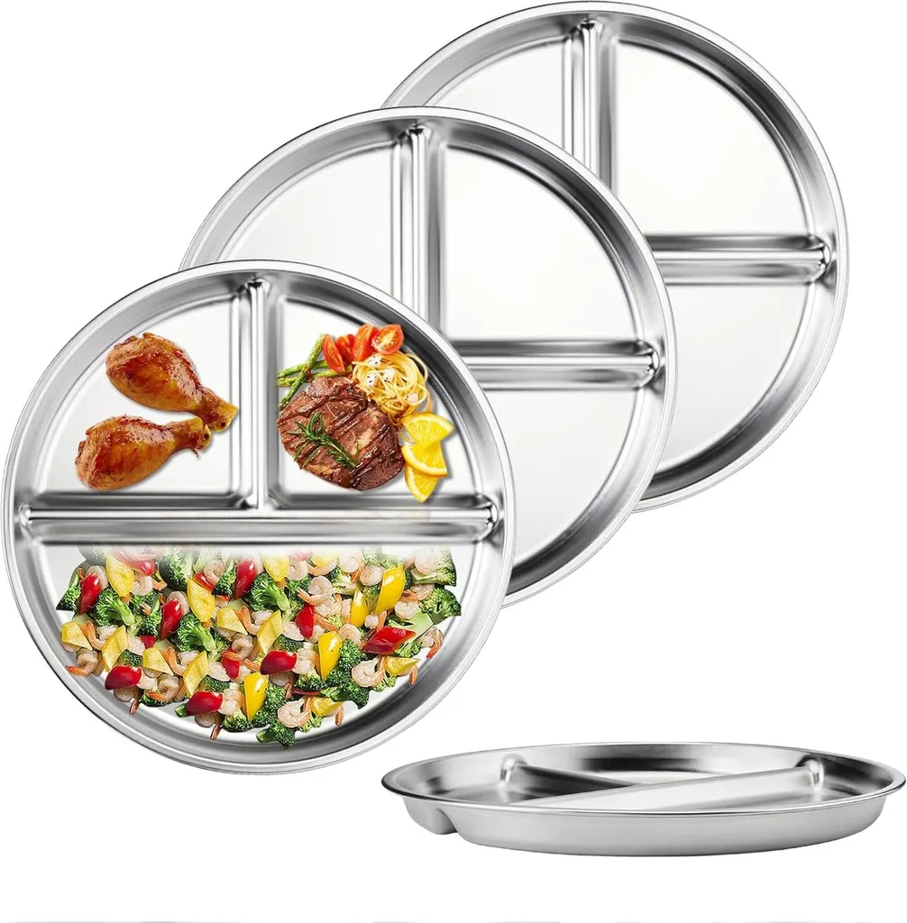 Plateau en acier inoxydable avec compartiments pour repas enfants 3 pcs