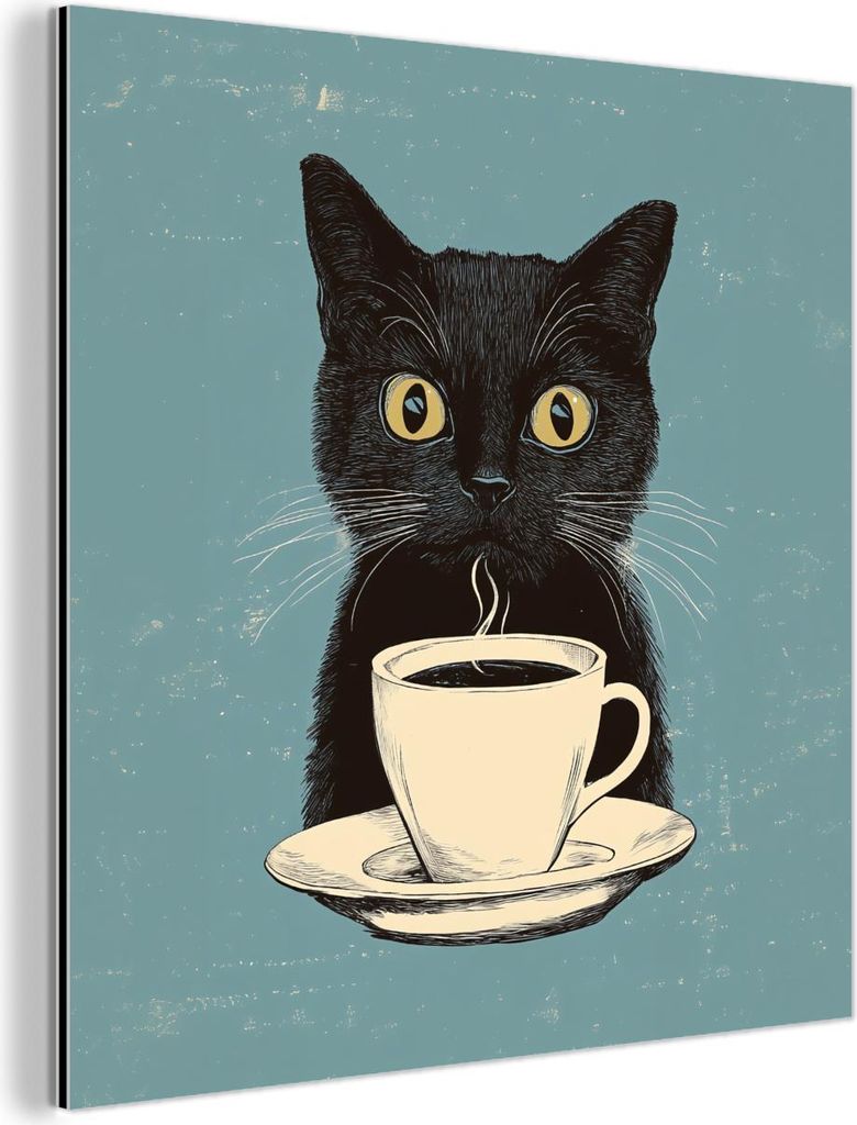 MuchoWow Wanddekoration Metall Metallbild Wandkunst 20x20 cm Katze - Schwarz - Kaffee - Minimalistisch MuchoWow Aluminium Gemälde - Alu Dibond Bilder