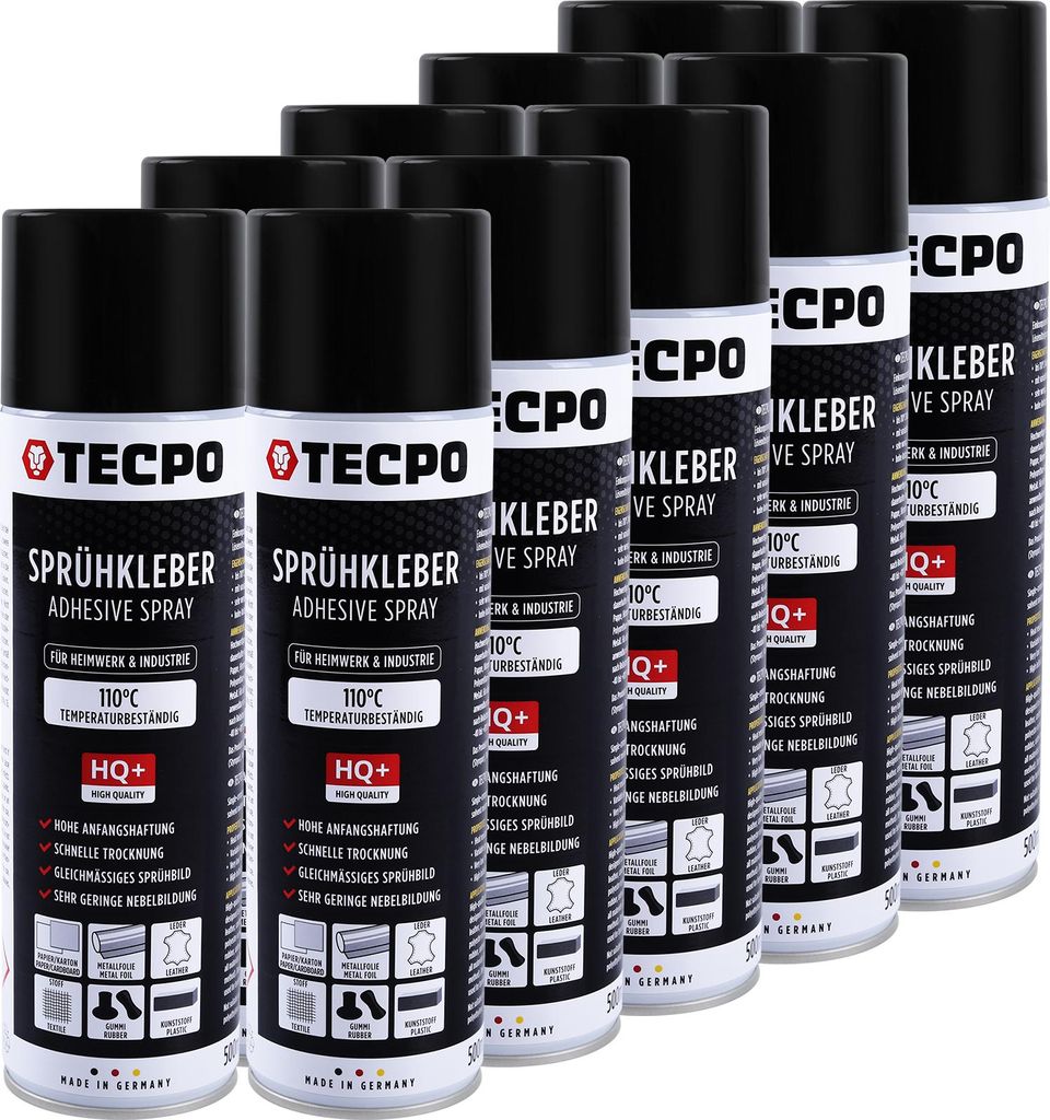 TECPO 1K Sprühkleber 10x 500ml Spray Kleber für Dachhimmel Schaumstoff, Wolkenhimmel und Akustikpaneele Klebespray transparent bis 110°C Hitzebe...