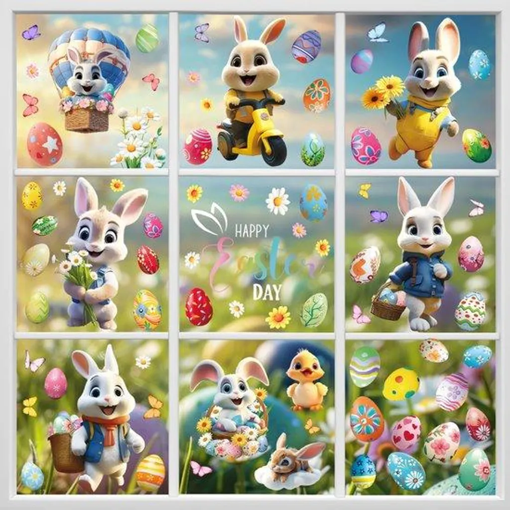 Décoration de Pâques Lapin en PVC - Lot de 9 Stickers Repositionnables