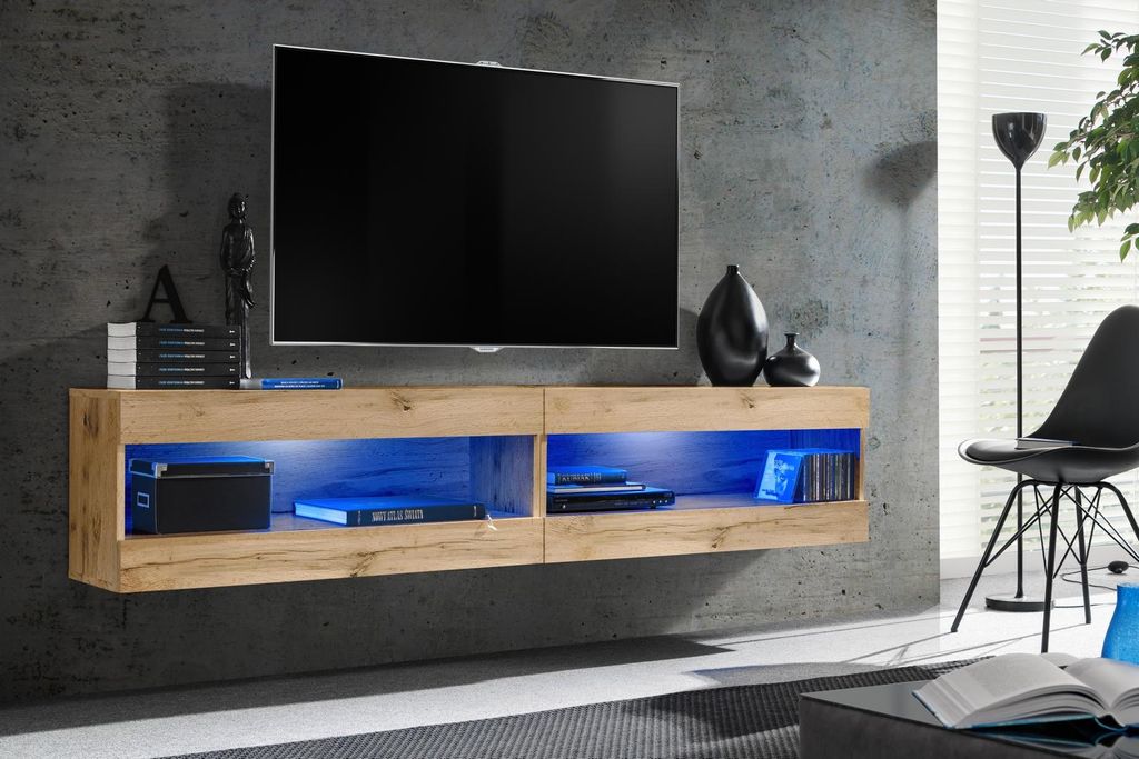 Komodee, Set, Möbel, Tivoli SET4, Wotan/Wotan, Breite 200cm x Höhe 41cm x Tiefe 35cm, LED Blau, für Wohnzimmer, Schlafzimmer