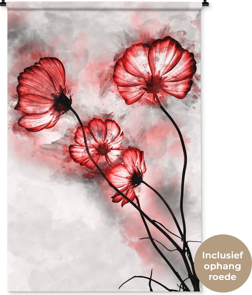 MuchoWow Wandteppich Wandbehang Blumen - Aquarell - Rot 120x180 cm Tapisserie Dekoration Wandtuch - Schlafzimmer - Dekorationen für das Haus