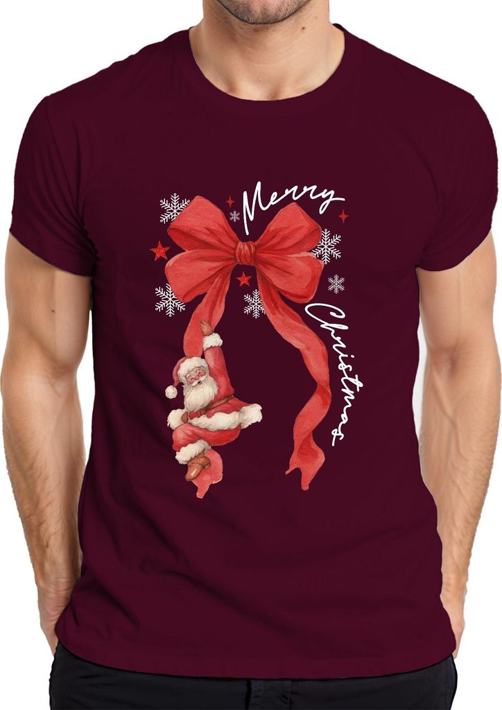 Merry Christmas Weihnachtsmann rote Schleife Schneeflocken Herren T-Shirt, Burgundy, M