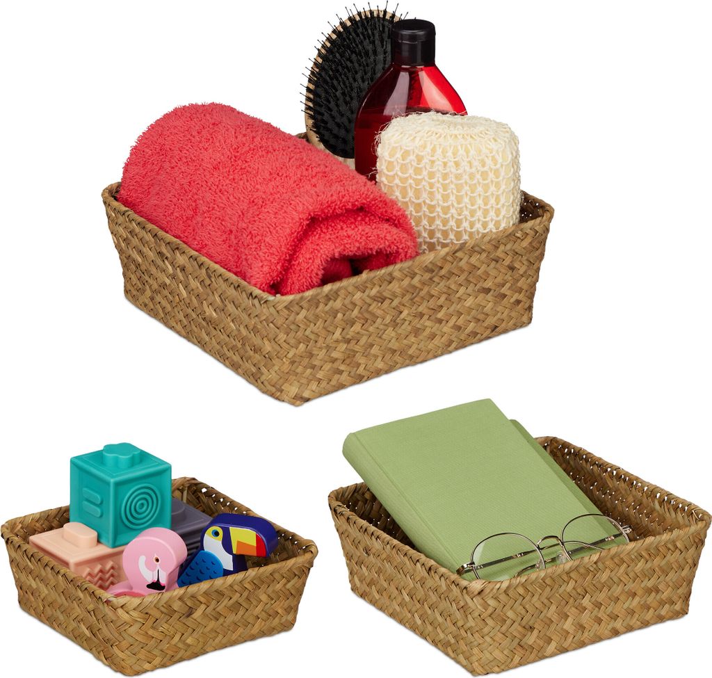 Relaxdays Aufbewahrungskorb Seegras, 3er Set, Körbchen in 3 Produktbild 
