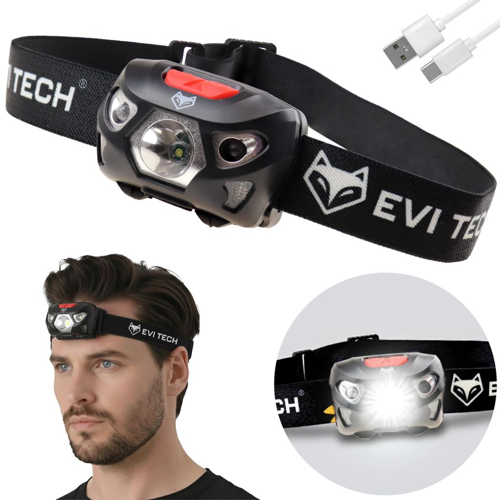 LED Stirnlampe 500lm USB-C aufladbar, IP66 wasserdicht & Bewegungssensor, Rotlicht-Modus, Akku Stirnleuchte für Joggen & Arbeit, EVI TECH Nexlume