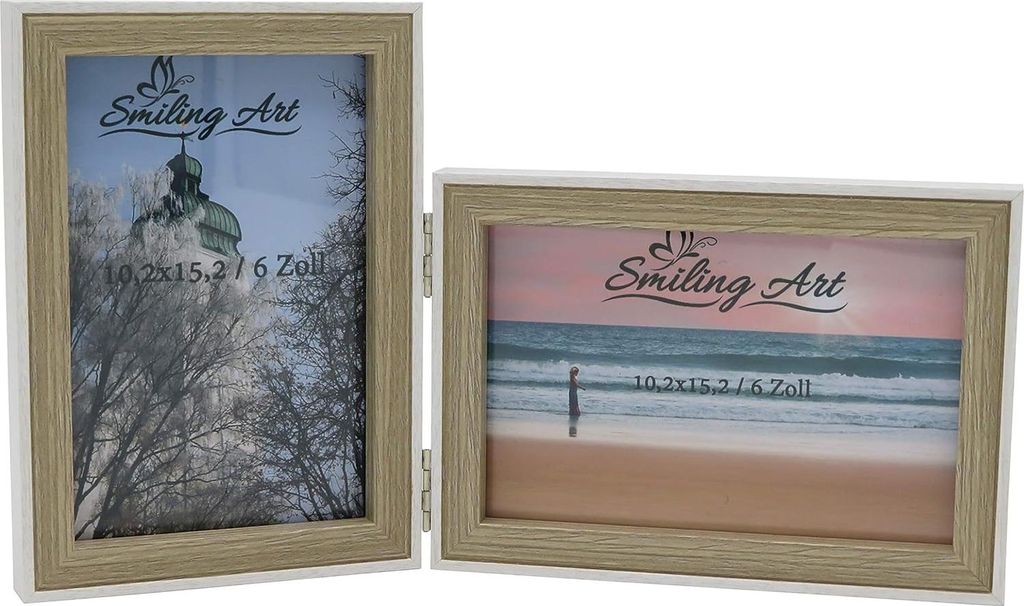 Fotrahmen für 2 Fotos - MDF-Holz - Inklusive Glasscheibe - 2 Stück - Weiß + Beige - 10 x 15 cm