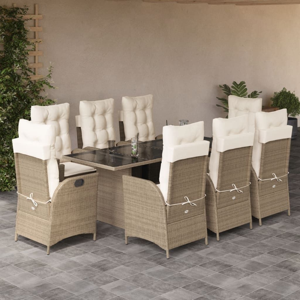 Design 9-tlg. Garten-Essgruppe mit Kissen Beige Poly Rattan, Gartenmöbel-Sets 2024 Neu