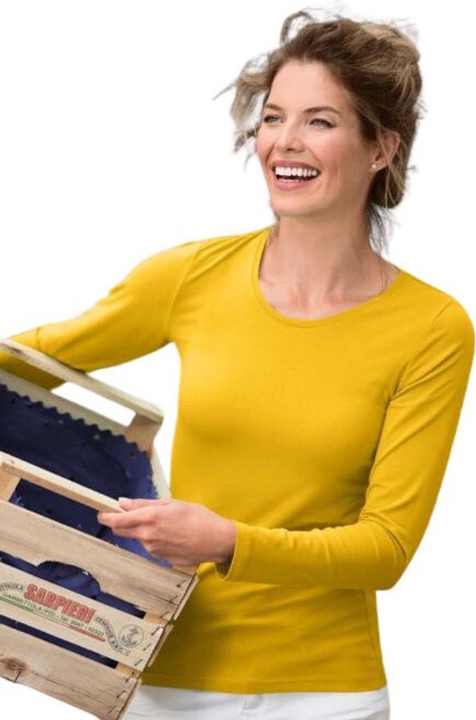 Langärmeliges Baumwoll-T-Shirt für Damen, 95% Baumwolle, 5% Elasthan, ohne Aufdruck, einfarbig, 180g/m2, Farbe gelb, Größe XS