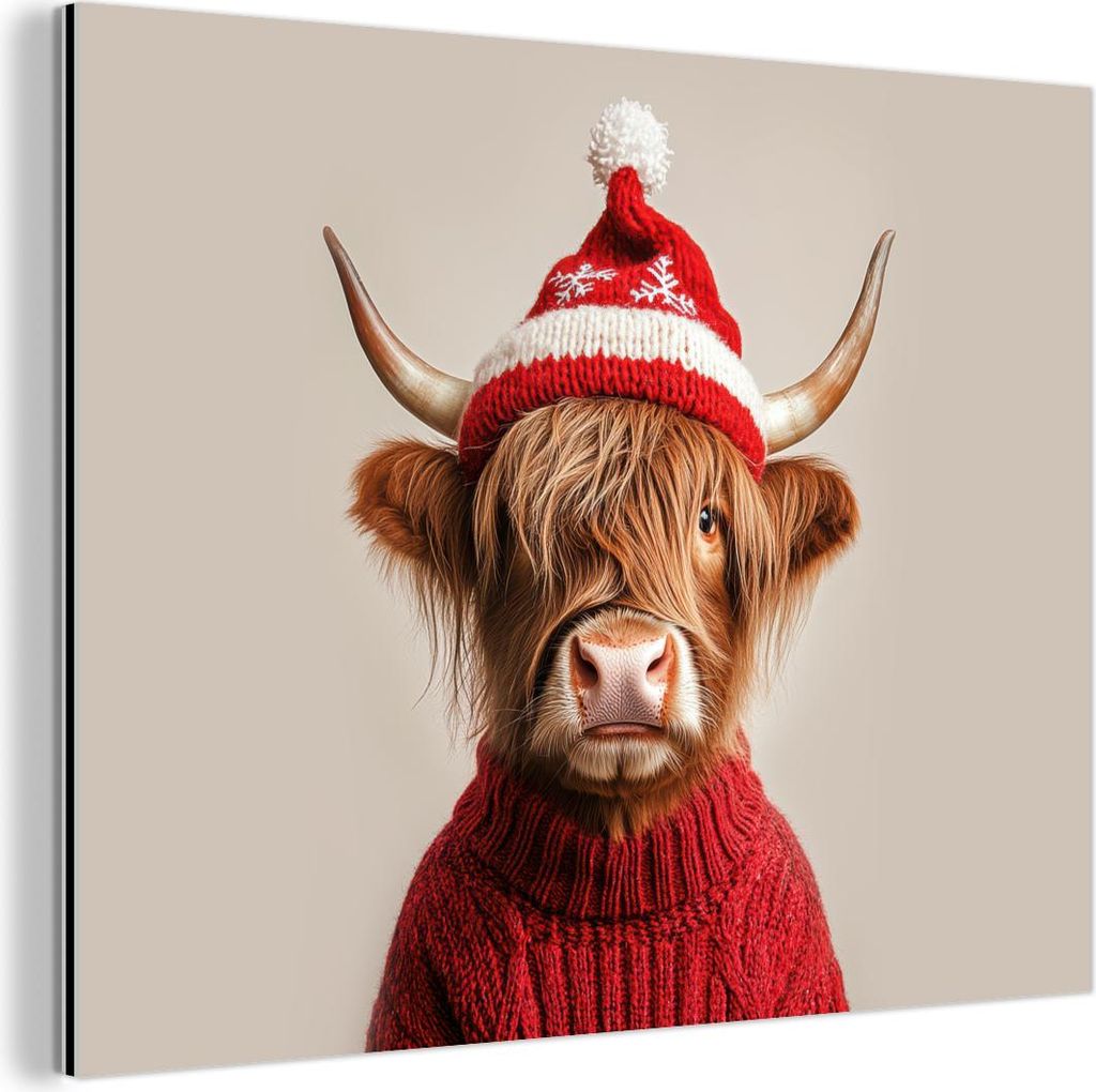 MuchoWow Wanddekoration Metall Metallbild Wandkunst 80x60 cm Schottisches Hochlandrind - Weihnachten - Mütze - Pullover - Winter MuchoWow Aluminiu...