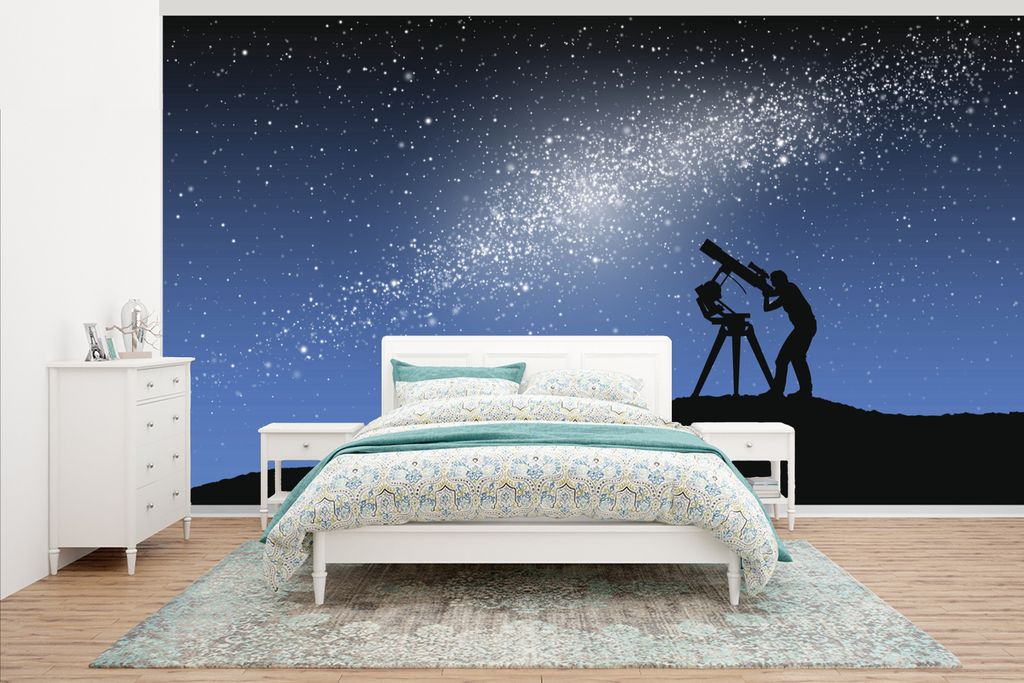 MuchoWow Fototapete für Wohnzimmer oder Schlafzimmer Wandtapete Vinyl Motivtapete Eine Illustration einer Person, die die Milchstraße betrachte...