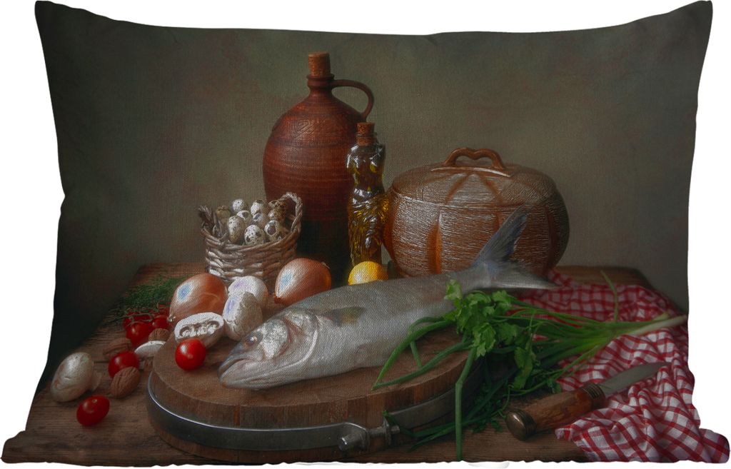 MuchoWow Outdoor Kissen - Rustikal - Fisch - Stilleben - Gemüse - Kräuter - 60x40 cm - Wetterfest - Lounge Kissen - Zierkissen - Kissen für In...