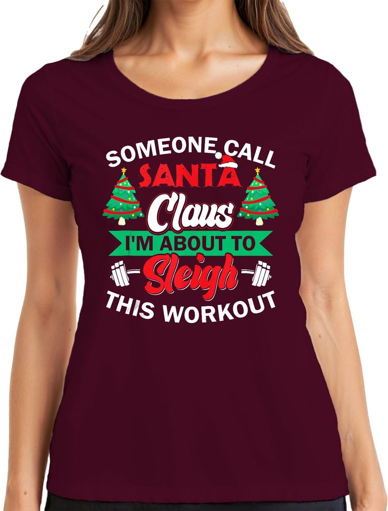 Santa Claus Sleigh This Workout Weihnachten Fitness Gym Lustig Damen T-Shirt, Burgundy, S