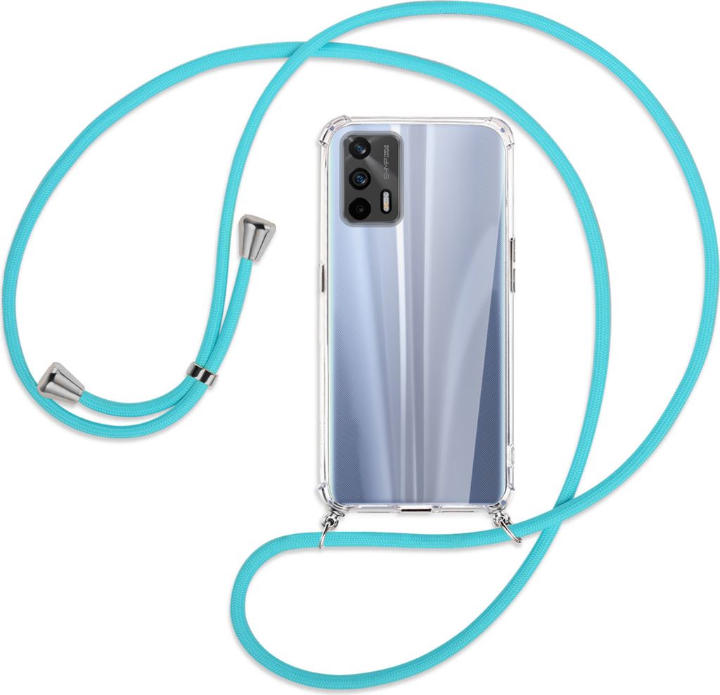 Handykette Backcover-Schutzhülle mit Band (Metall silberfarben) für Realme GT 5G (RMX2202) - türkis