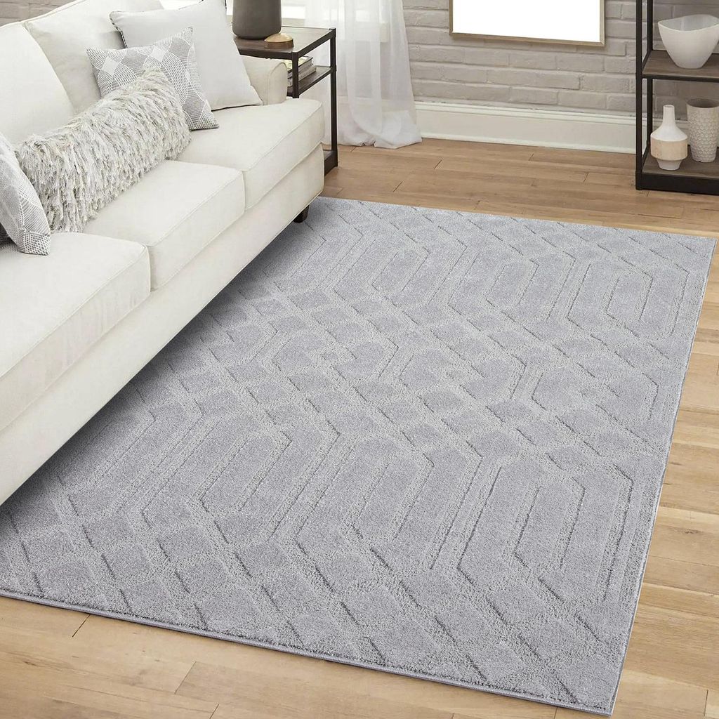 Teppich Kurzflor Wohnzimmer - Grau - 160x230 cm Rechteckig - Ornament, Marokkanisch - 3D-Effekt