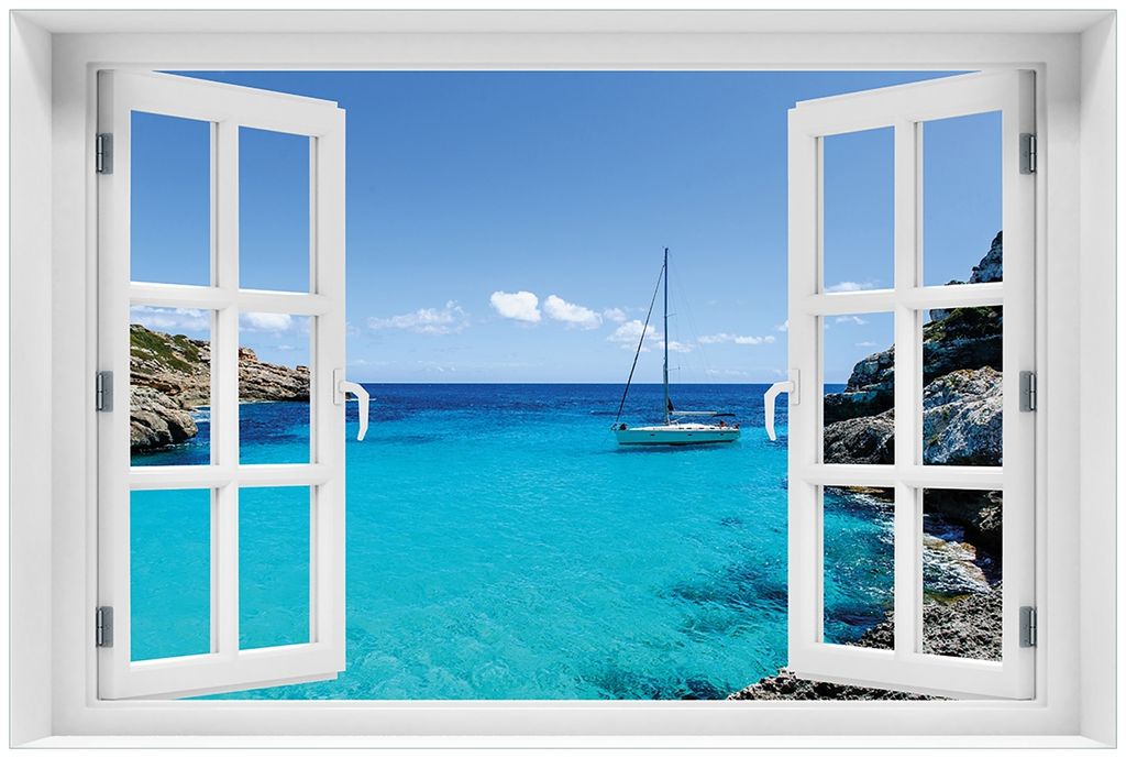 Wallario Premium Glasbild mit Fensterrahmen, freischwebende Optik, kräftige Farben, Größe 60 x 90 cm Motiv Segelboot in der Bucht