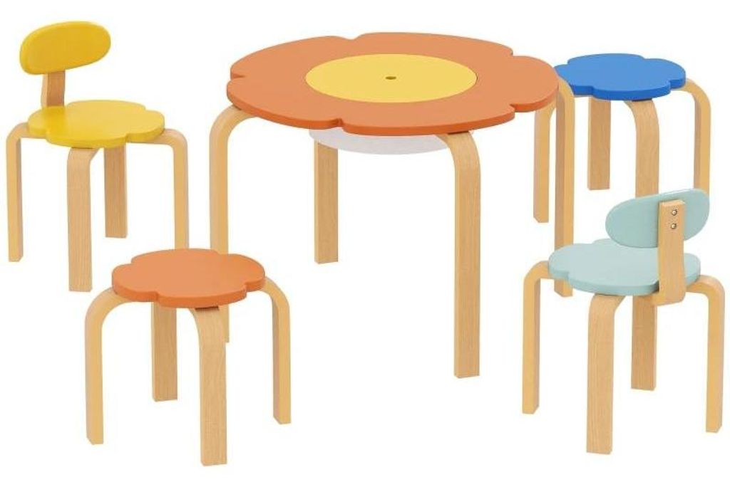 Kindermöbel-Set - Tisch-und-Stuhl-Set 5-teilig - Holz - Blumenförmiger Tisch - Stauraum in der Mitte - Für Spielzimmer/Kindergarten - Orange