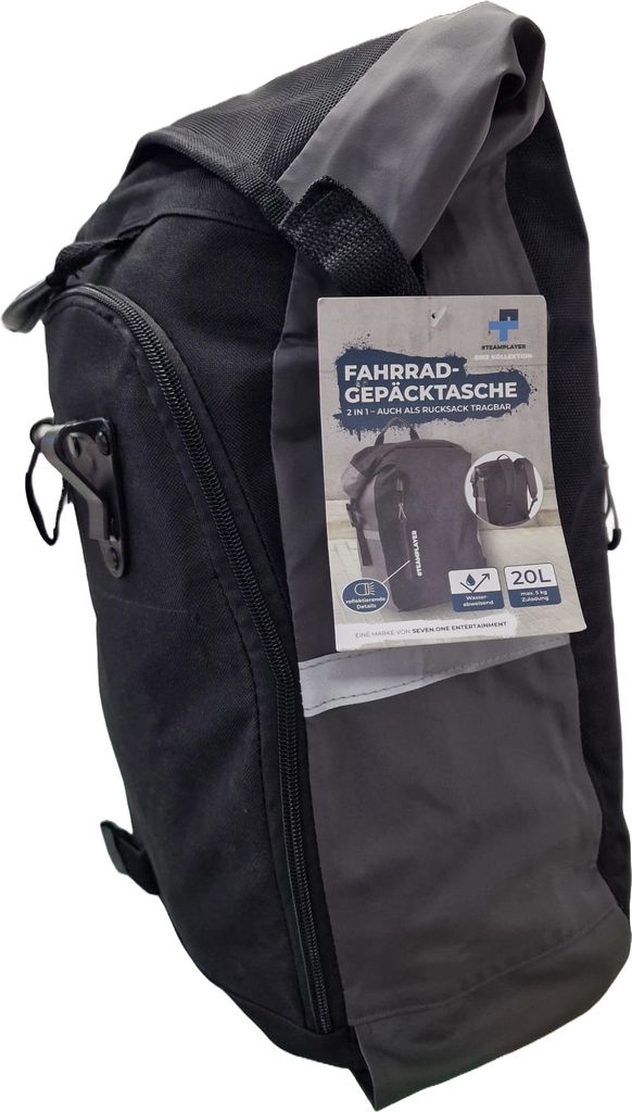 Teamplayer 2in1 Fahrradtasche Gepäckträger Rucksack 20L Rolltop Reflektierend Schwarz