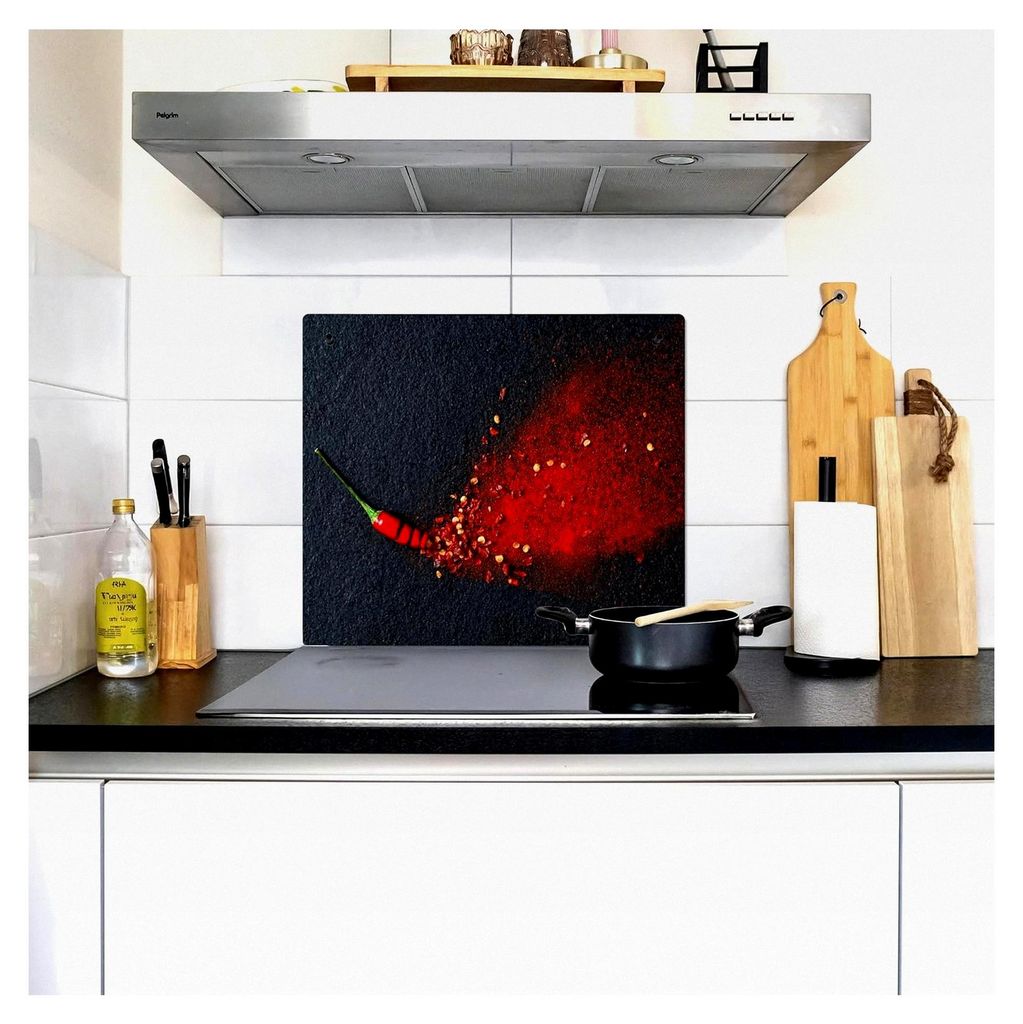 Spritzschutz Küchenrückwand Vinyl 58x51 cm für die Küche, Wanddekoration, Glaskeramikkochfeld-Abdeckung in Pfeffer - Kräuter - Beton - Rot - Grau