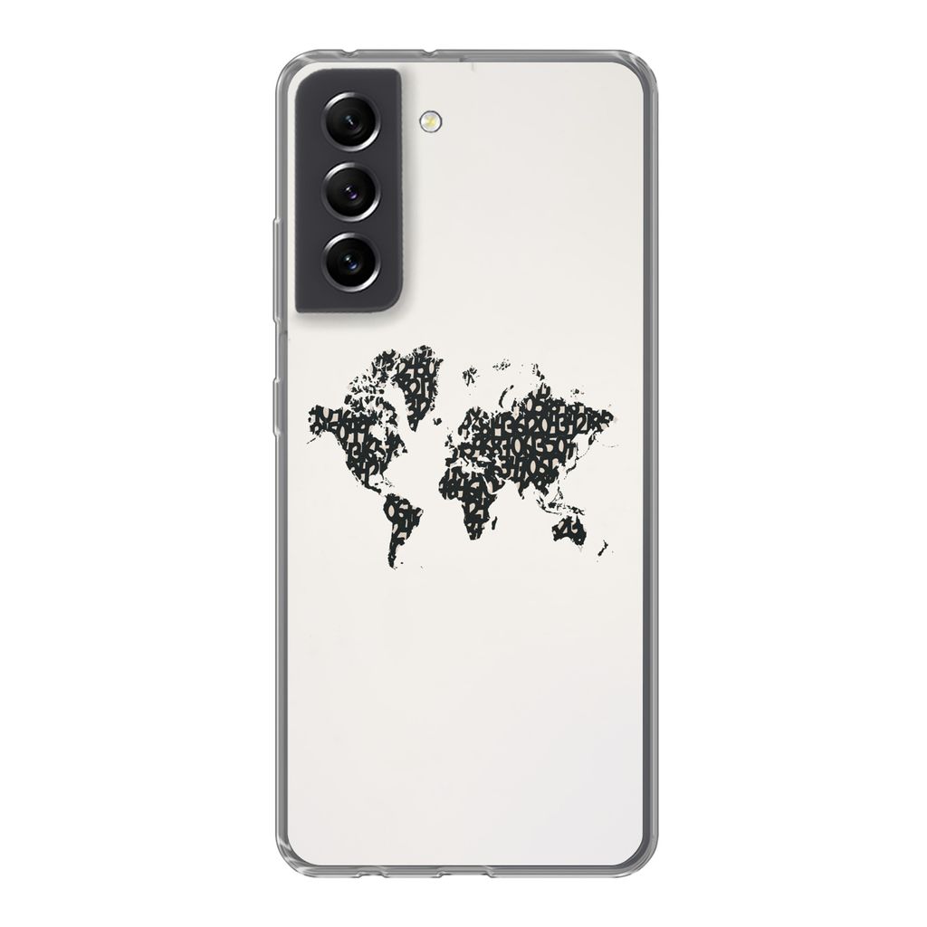 MuchoWow Handyhülle Schutzhülle Hülle für Samsung Galaxy S21 FE Weltkarte - Zahlen - Schwarz Silikon Softcase Handy Hülle - Mobiltelefonhülle