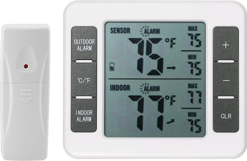 Drahtloses digitales Kuehlschrankthermometer Akustischer Alarm Innen-Aussen-Thermometer mit Sensor-Gefrier-Thermometer Min / Max-Temperaturaufzeich...