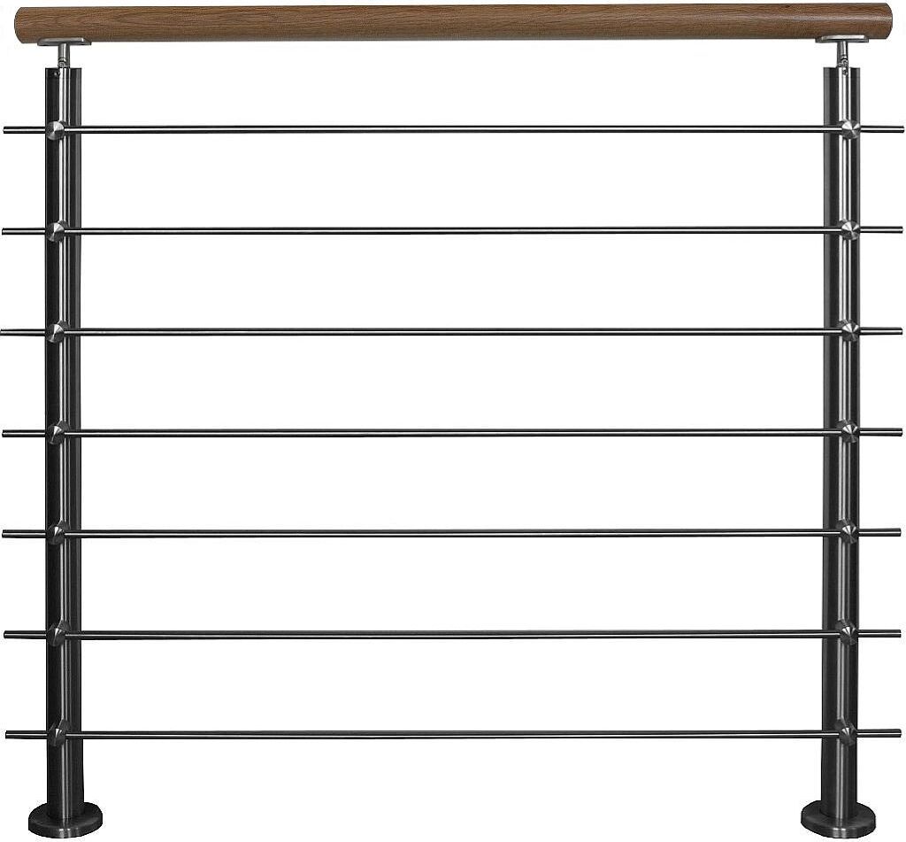 TIBU Edelstahl Geländer Aufmontage mit Eiche Handlauf und waagerechten Streben für Balkon Terrasse Treppe mit 7 Streben 2,0 m mit 3 Pfosten