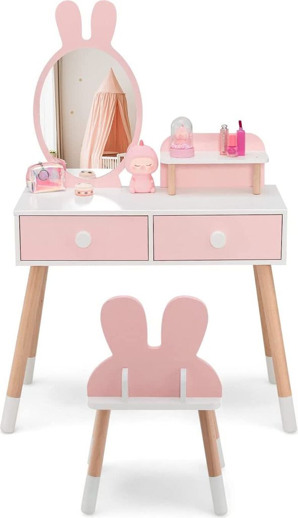 A child's vanity table and stool set with a bunny theme, displayed on a white background.