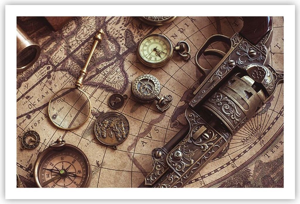Poster - Poster ohne Rahmen - Kartographie Vintage Kompass - 91,5x61 cm - Wand Bild - Wanddeko - Wandbilder - Kunstposter - Wandposter - Bilder - K...