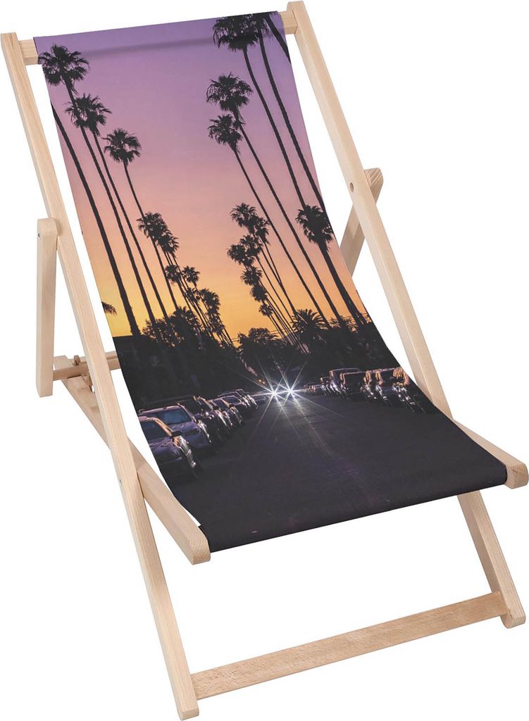 Dreamroots Liegestuhl klappbar Holz bis zu 130 kg, Sonnenliege klappbar mit 3-stufiger Neigungsregulierung der Rückenlehne, Sunset LA Street