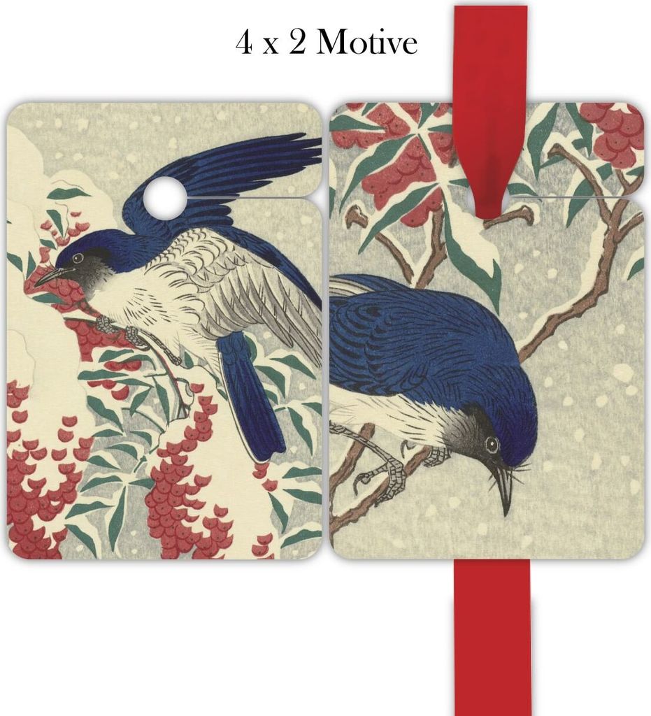 8 Japanische Winter Geschenkanhänger Tags mit Fliegenschnäpper (2 Motive)