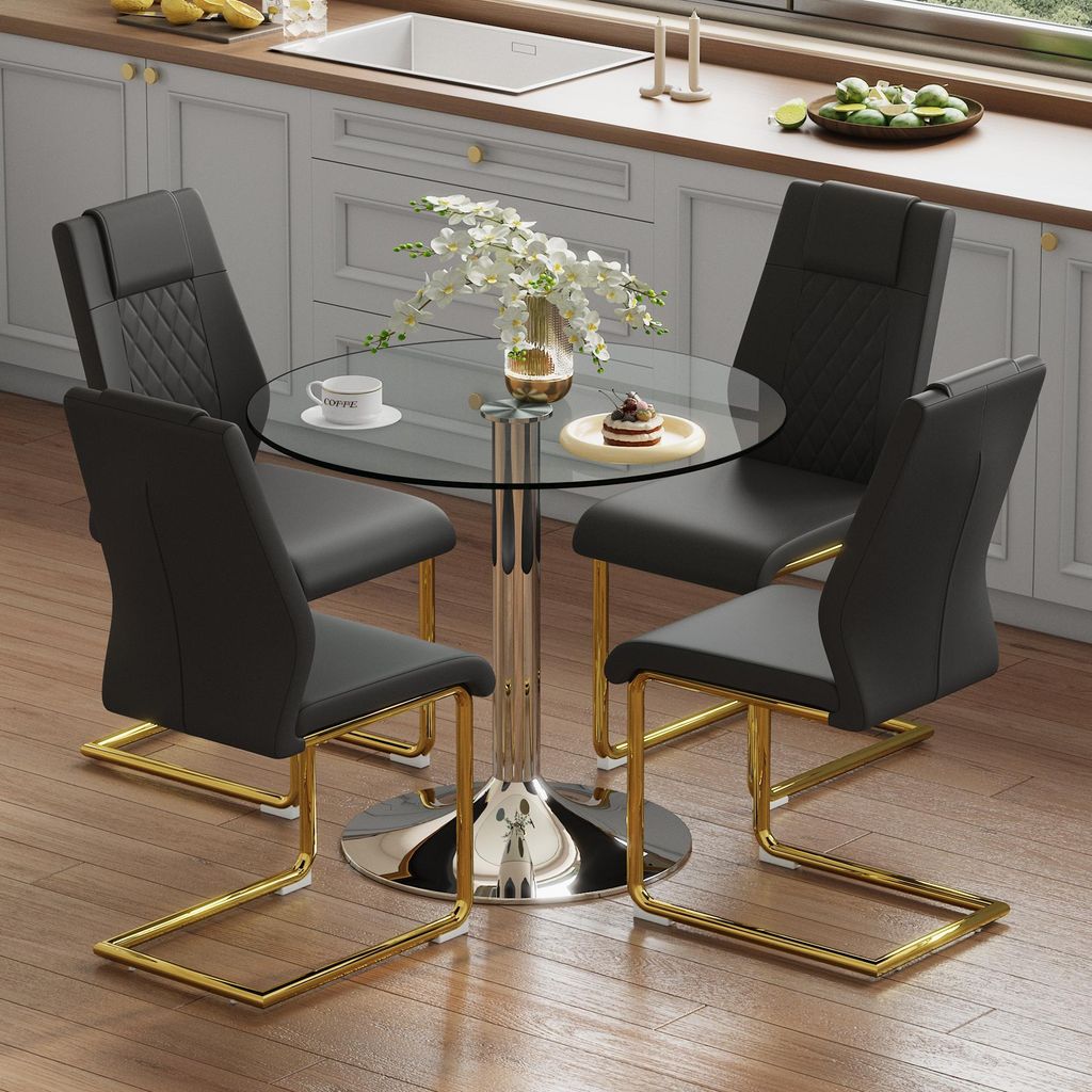 Modernes Esstisch-Set Rund Ø 85cm - Glastisch aus Sicherheitsglas mit 4 Kunstleder Stühlen - Platzsparende Essgruppe für Küche & Wohnzimmer