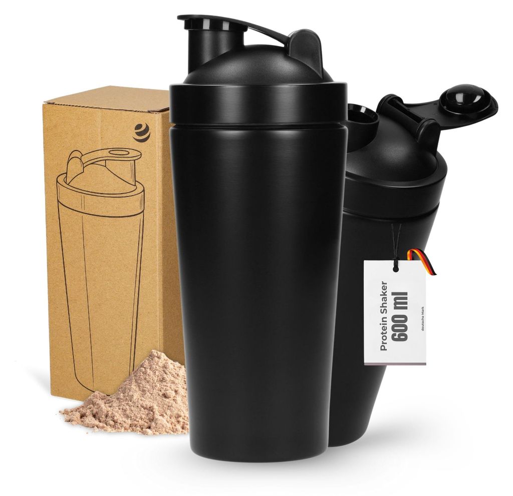 Protein Shaker auslaufsicher 'Core' 600 ml - doppelwandiger Edelstahl Shaker mit Sieb für Gym und Alltag - schwarz