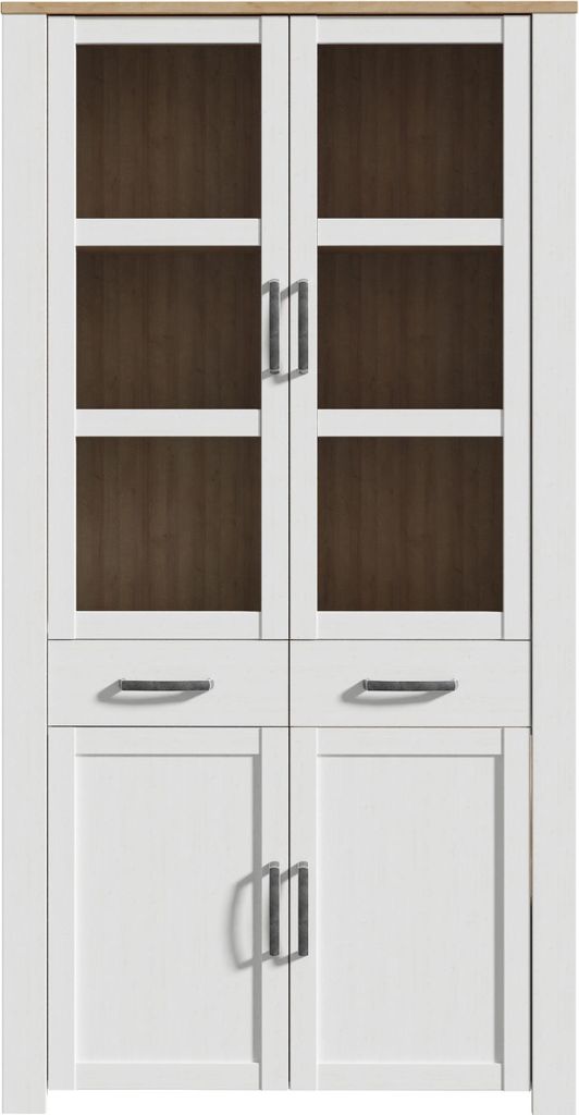 Vitrine, BOHOL, 4 Türen (2 Glastüren), 2 Schubladen, 106,4 x 42 x 205,4 cm, Weiß & Eiche Nachbildung