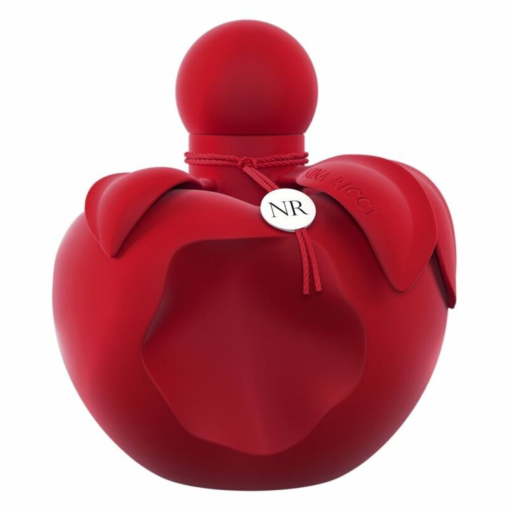 A red perfume bottle shaped like an apple.