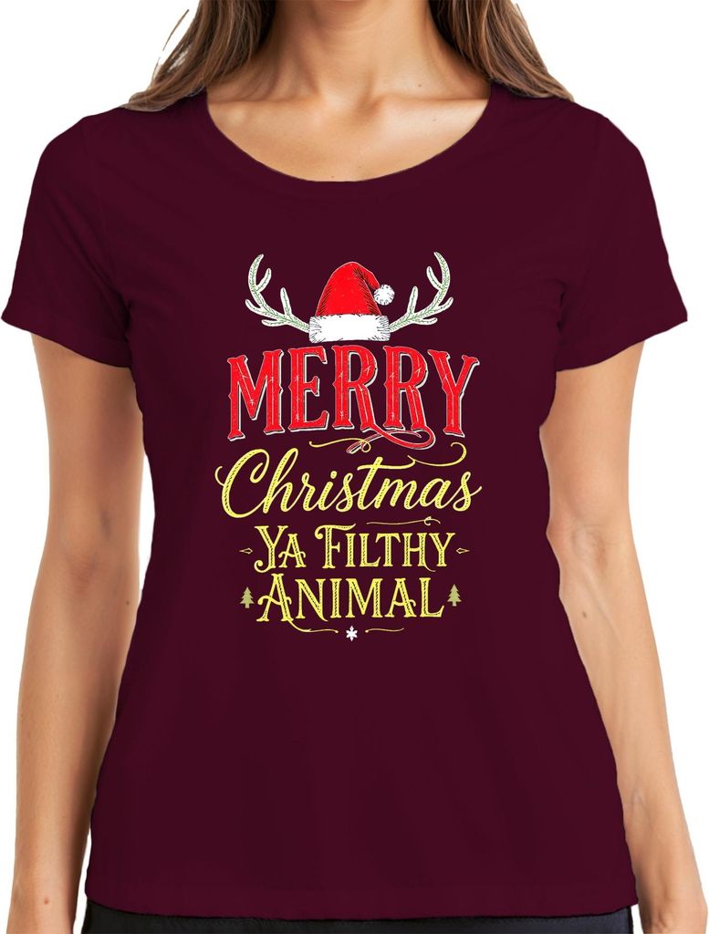 Merry Christmas Ya Filthy Animal Weihnachten Kevin Allein Zuhaus Damen T-Shirt, Burgundy, 3XL