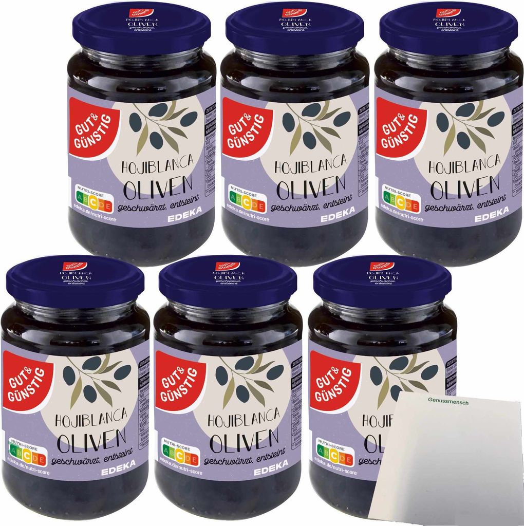Gut & Günstig Hojiblanca Oliven geschwärzt entsteint 6er Pack (6x340g Glas) + usy Block