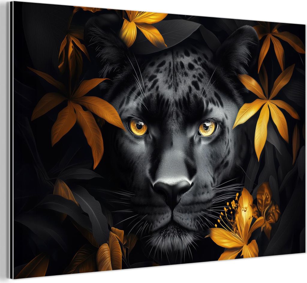 MuchoWow Wanddekoration Metall Metallbild Wandkunst 30x20 cm Schwarzer Panther - Blumen - Gold - Natur - Feline MuchoWow Aluminium Gemälde - Alumi...