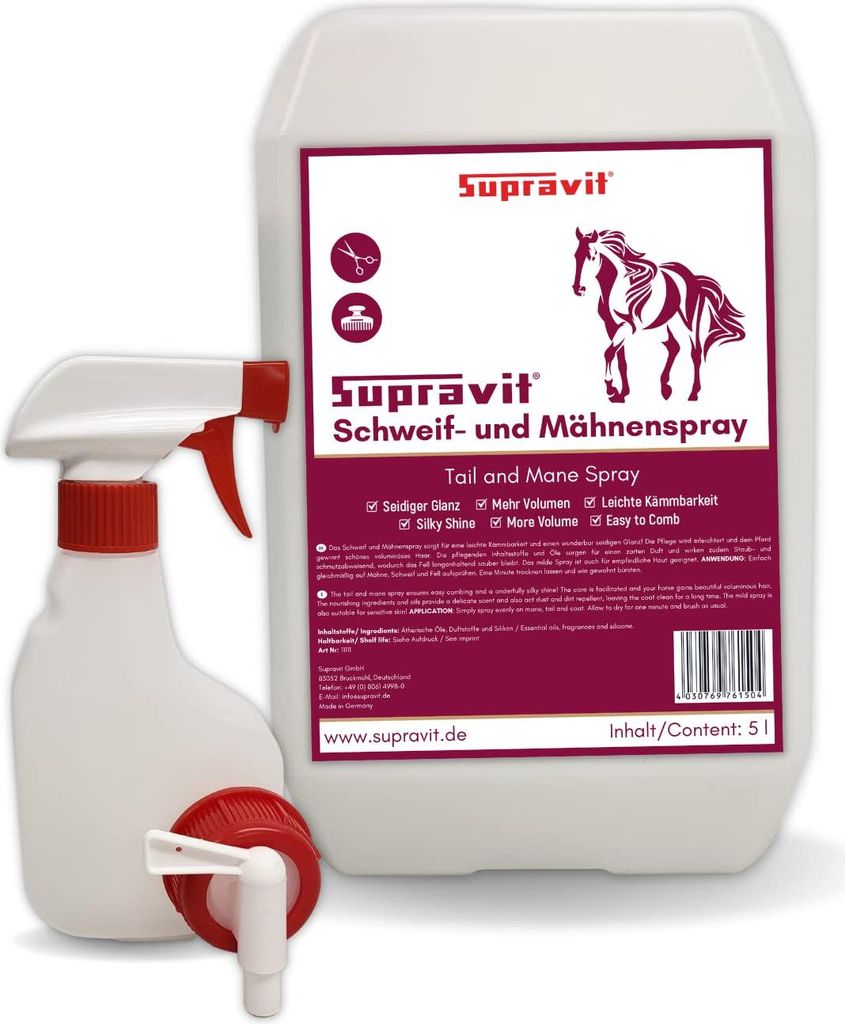 Supravit Schweif und Mähnenspray für Pferde 5 Liter | Für Glanz , Volumen & leichte Kämmbarkeit | Spray inkl. Sprühflasche und Ablaufhahn