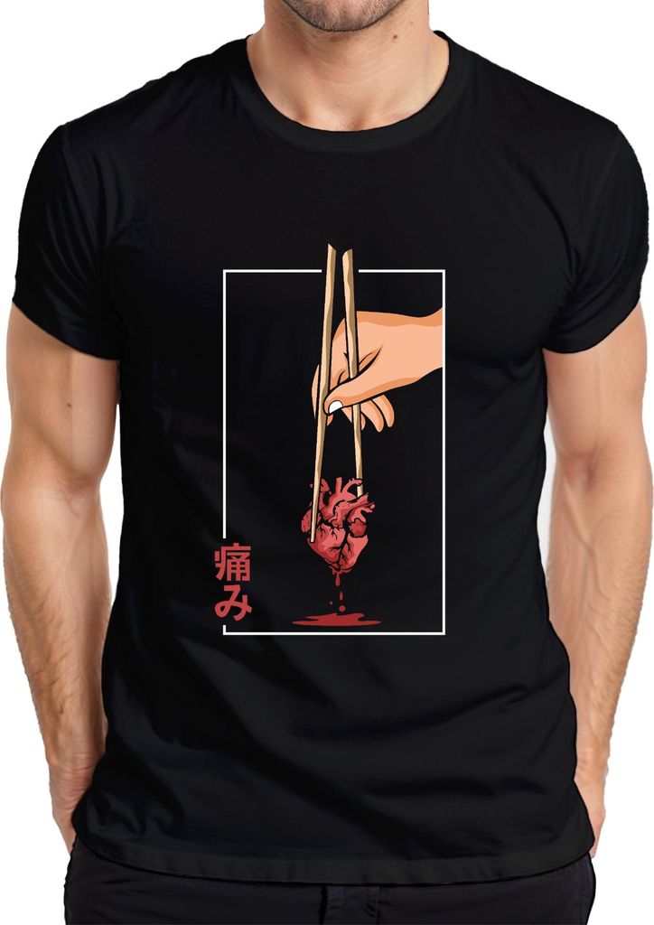 痛み Anatomisches Herz Essstäbchen Anime Vaporwave Japan Streetwear Herren T-Shirt, Schwarz, XXL