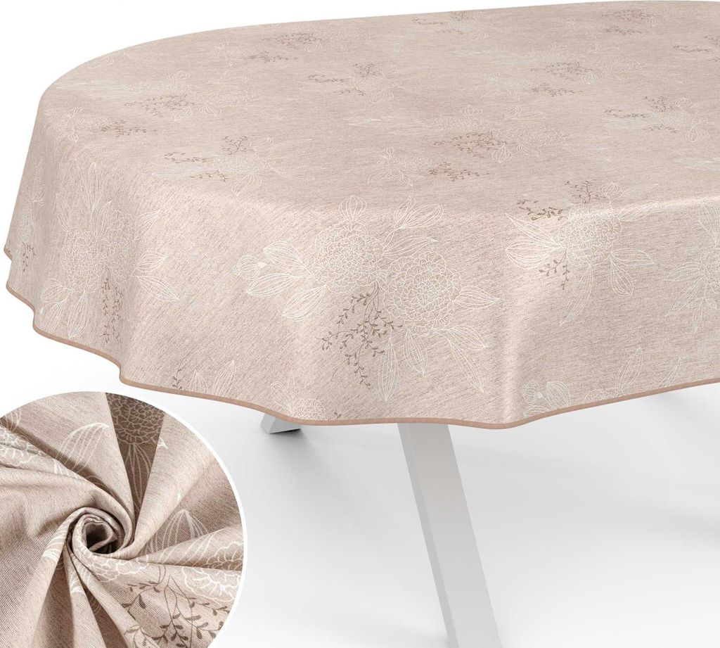 Tischdecke Hortensie aus Textil mit Blumen Pflanzen wasserabweisend Tischtuch Tischwäsche Aquarell Beige Oval Breite 140cm Länge 160cm mit Paspel...