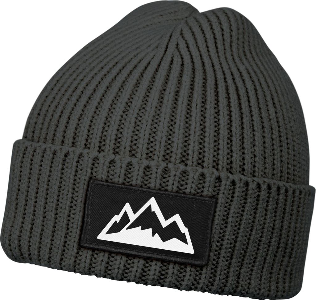 Herren Beanie Wintermütze mit Patch Mountain Badge Aufdruck Print Strickmütze Rippstrick Outdoor Fashion Neverless