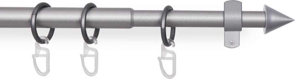 A curtain rod with rings and hooks, shown against a white background.