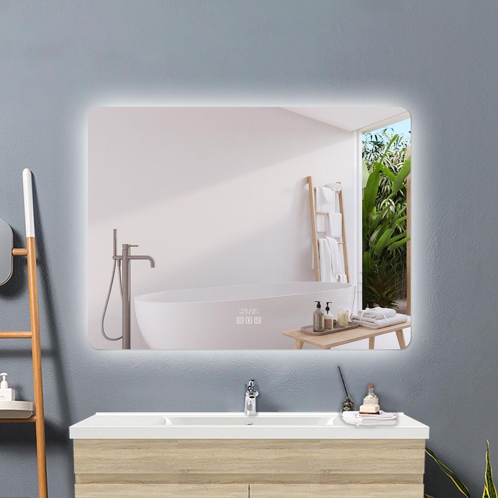 Badspiegel mit LED Beleuchtung 70x50cm Uhr Bluetooth 3 Lichtfarbe Dimmbar Wandspiegel mit Touch/Wandschalter Speicherfunktion
