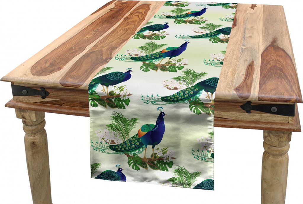 ABAKUHAUS Pfau Tischläufer, Strauß und Monstera Kunst, Esszimmer Küche Rechteckiger Dekorativer Tischläufer, 40 x 180 cm, Hellgrün Mehrfarbig