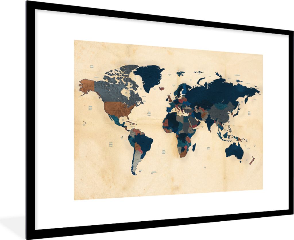 MuchoWow Gerahmtes Poster Weltkarte - Vintage - Papyrus - Kinder - Jungen - Mädchen 90x60 cm - Poster mit Schwarzem Bilderrahmen Wandposter Rahm...