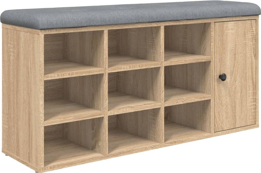 A shoe bench with storage compartments and a cushioned top.