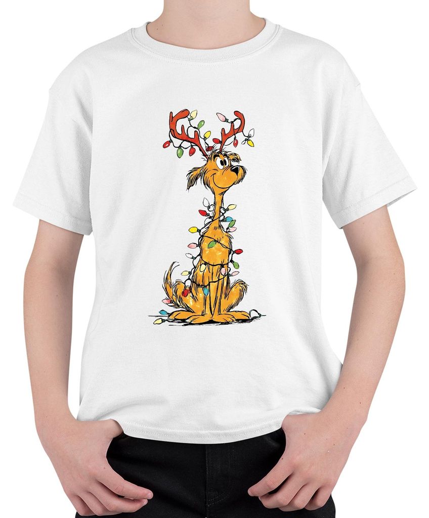 Weihnachtshund Rentier Lichterkette Lustig Geschenk Familie Retro Uni Kinder T-Shirt, Weiß, 152