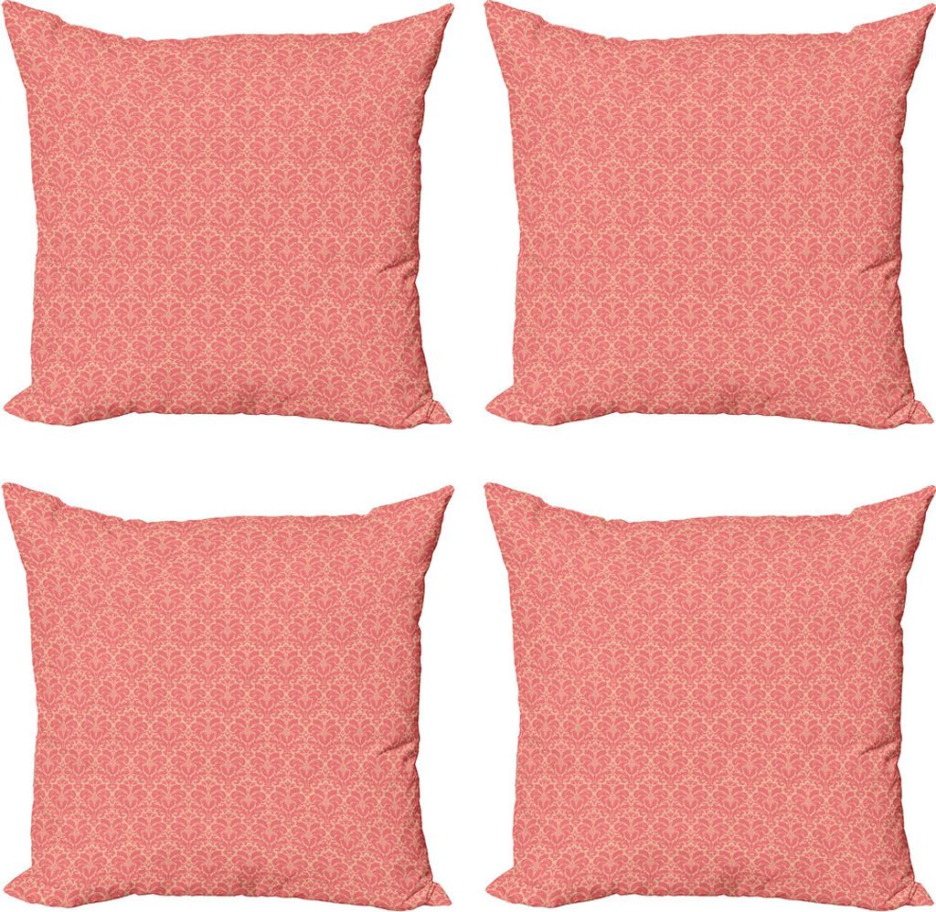 ABAKUHAUS Damast Kissenbezug Set (4 Stück), Monochrome Blumen Ornamente, Moderner Doppelseitiger Digitaldruck, 50 cm x 50 cm, Peach und Coral