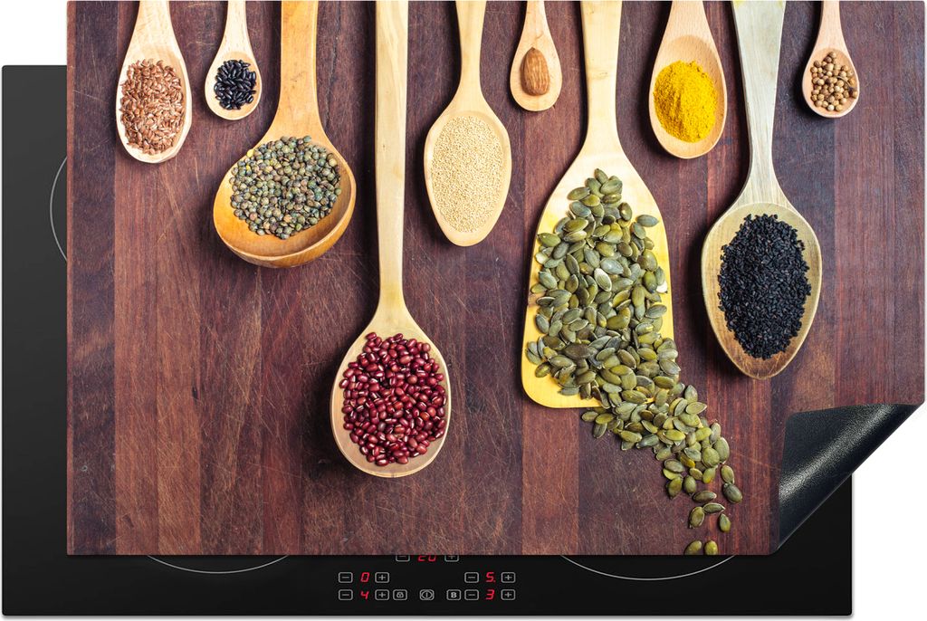 KitchenYeah Herdabdeckplatte Verschiedene Kräuter auf Löffeln , 80x52cm, Küche Deko, Glaskeramikfeld Herdabdeckung, Abdeckplatte fùr Kochfeld